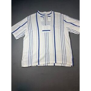 Olympic Grigoro Mens Tunic Shirt S White Blue Striped Gauze‎ V-Neck Short Sleeve